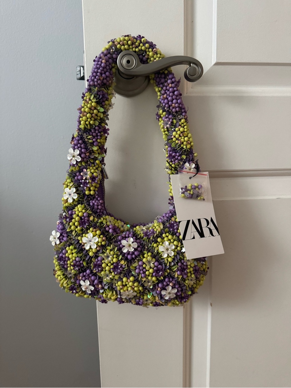 Zara Beaded Floral Shoulder Bag in Purple & Lime